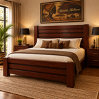 Solid mahogany horizontal-slat bed in a warm bedroom with Mandela Mattresses African artwork