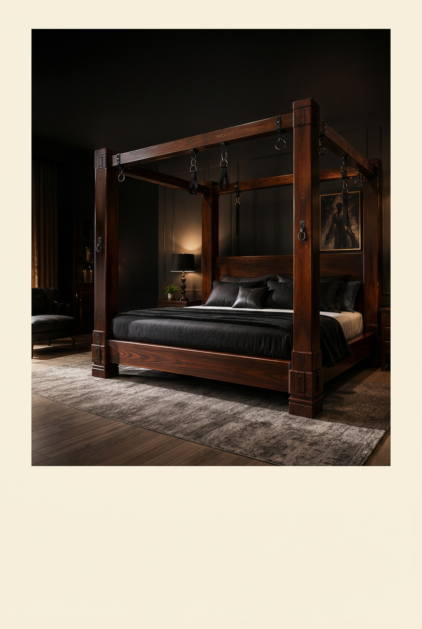 Classic Dominion mahogany four-poster bed with plain wooden headboard and footboard