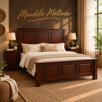 Modern solid mahogany panel bed styled in a warm Kenyan bedroom; mattress and drawers not included