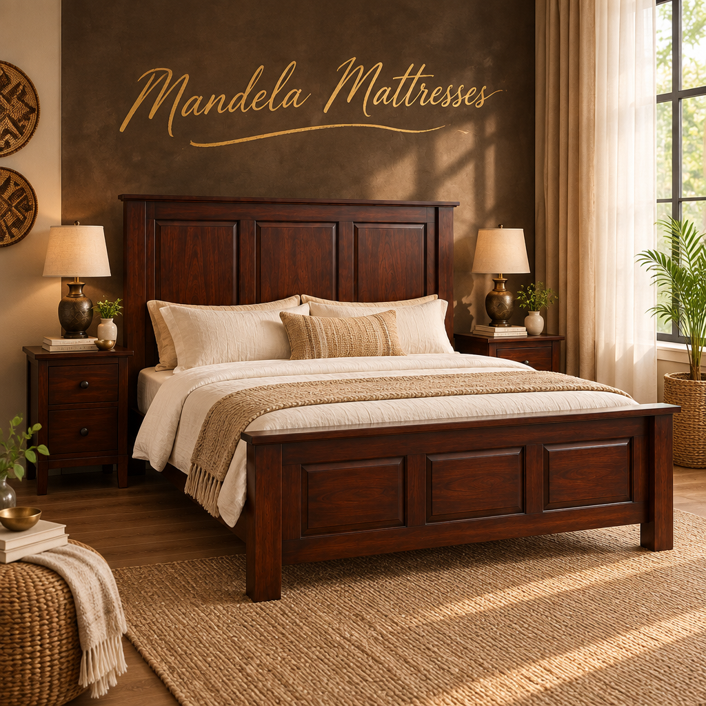 Modern solid mahogany panel bed styled in a warm Kenyan bedroom; mattress and drawers not included