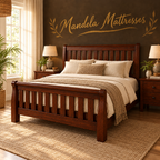 Solid mahogany Sleigh Mission Bed styled in a warm Kenyan bedroom; mattress and bedding not included