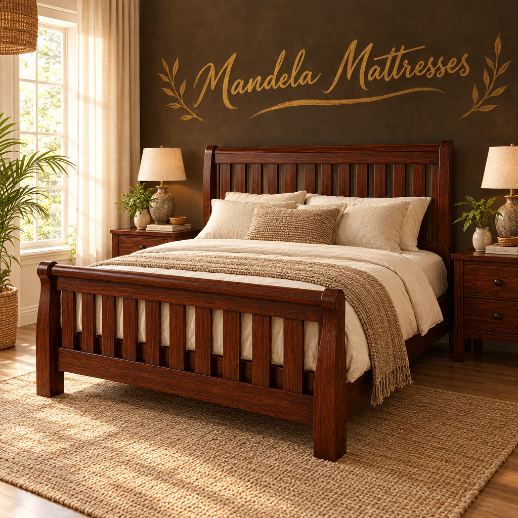 Solid mahogany Sleigh Mission Bed styled in a warm Kenyan bedroom; mattress and bedding not included