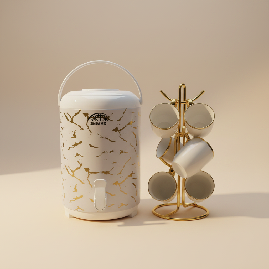 7PC Marble Breakfast Set | Sundabests Tea Urn + 6 Ceramic Cups