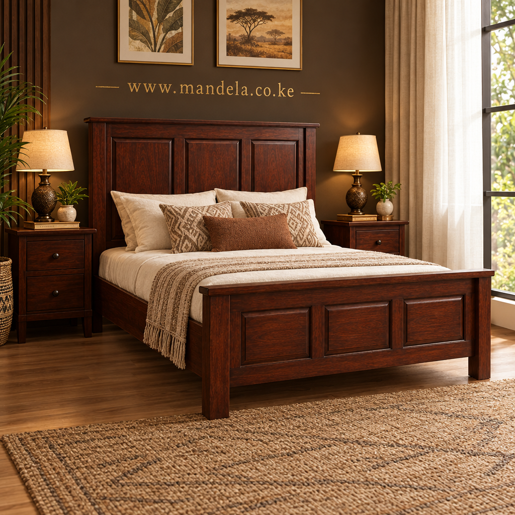 Realistically proportioned solid mahogany panel bed in a Kenyan bedroom