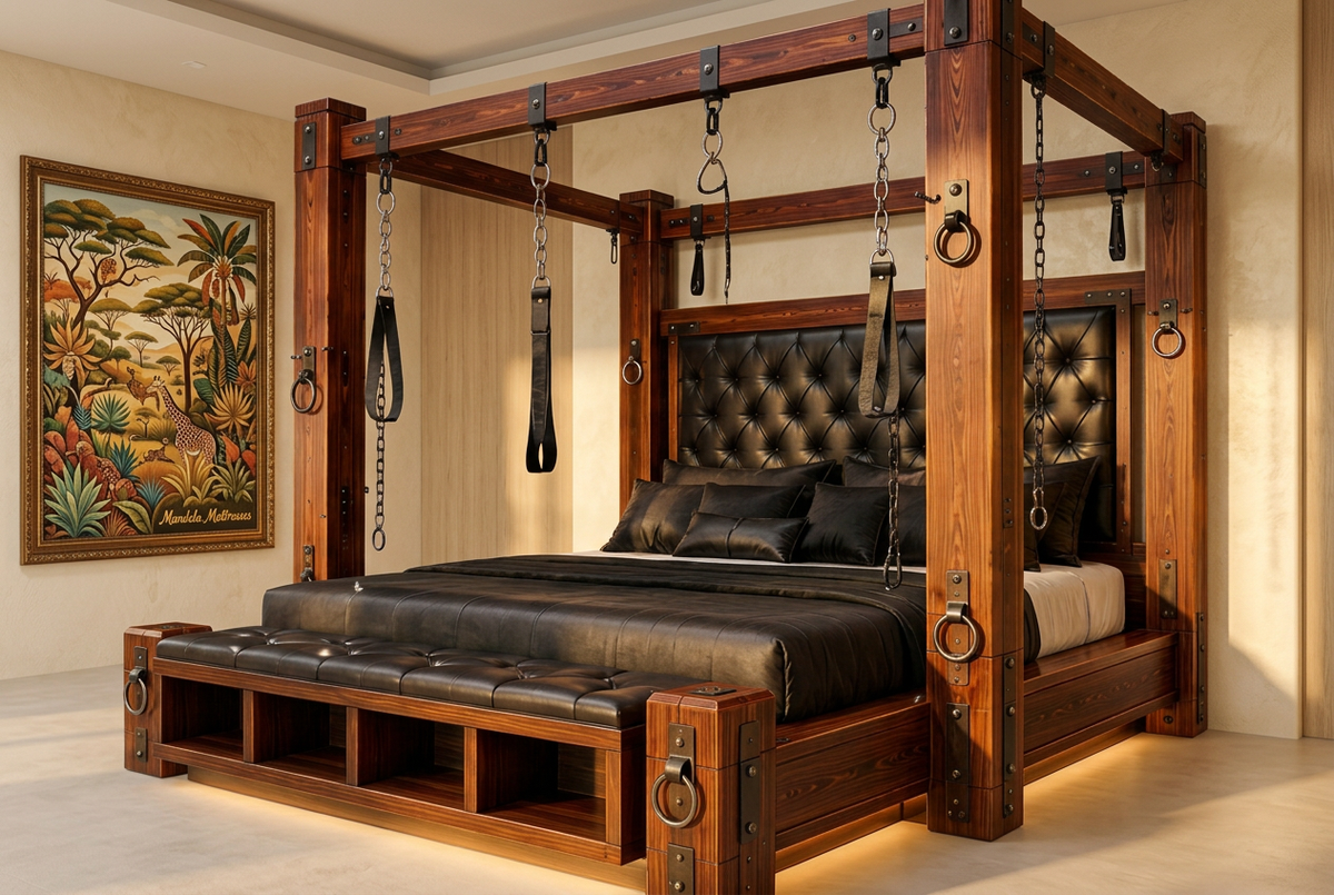 Mahogany four-poster bed with black tufted headboard in afternoon room; optional extras shown