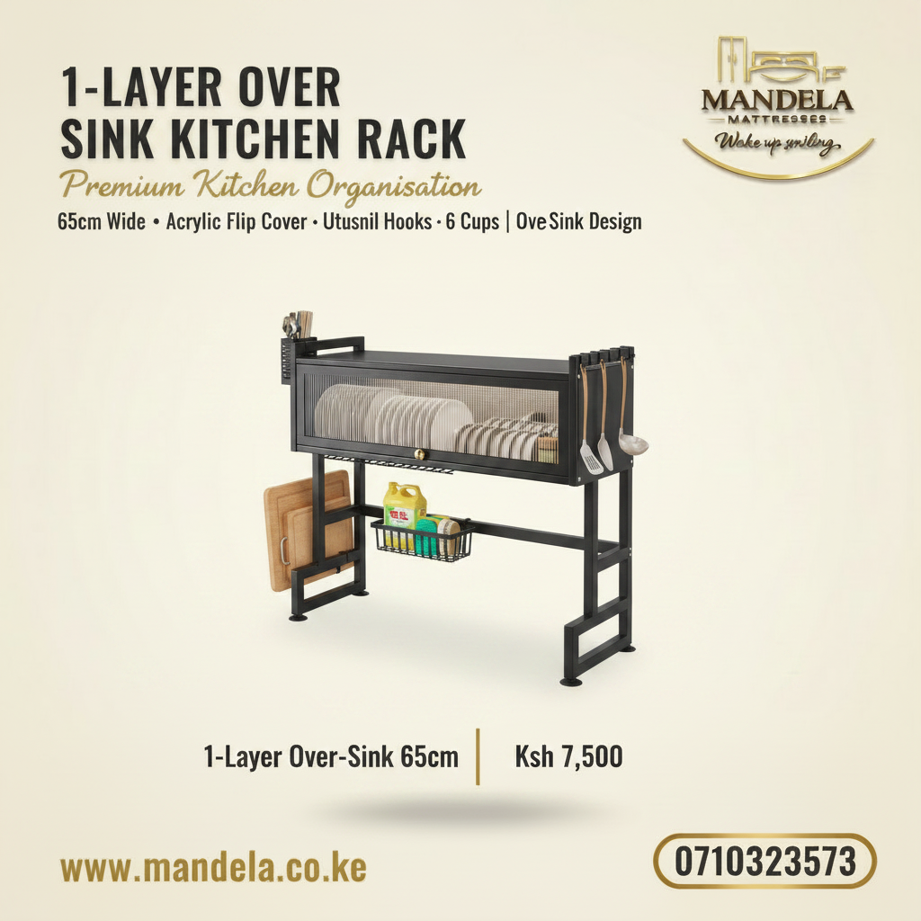 1-Layer Over-Sink Kitchen Rack 65cm | Acrylic Cover & Utensil Hooks product image