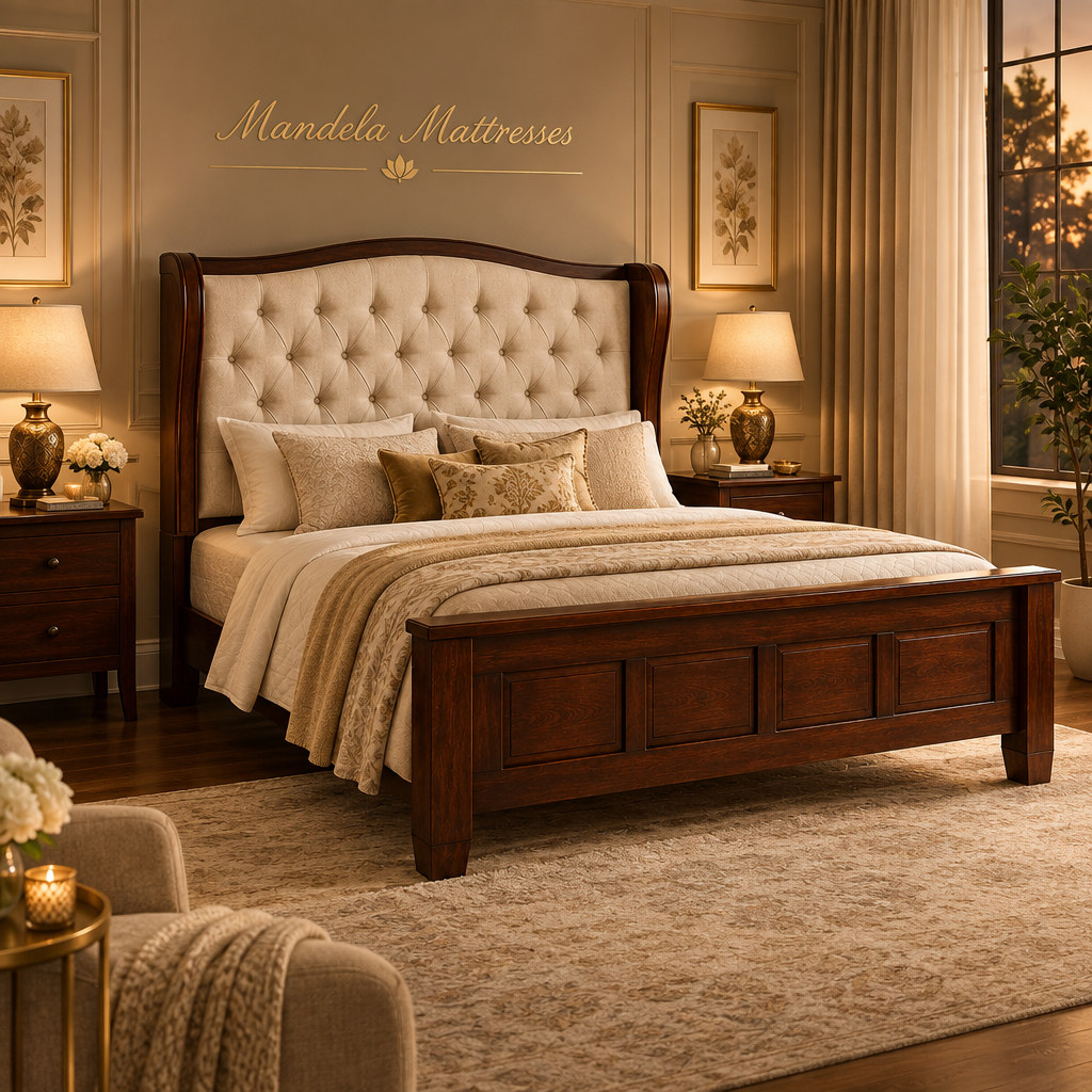 Button-tufted wingback mahogany bed in an elegant cream and gold bedroom