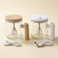 Beige and white rechargeable self-stirring glass mugs with charging cables; each sold separately