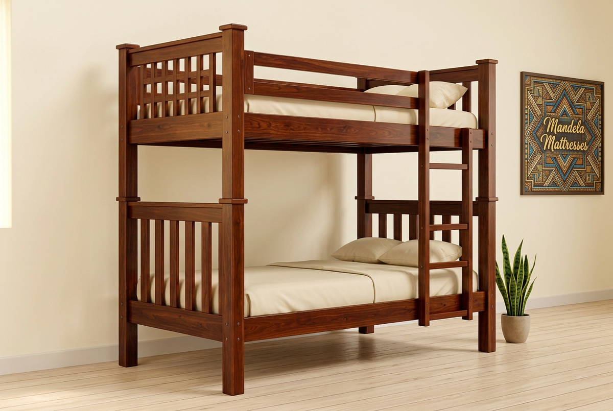 Mahogany bunk bed in a bright Kenyan room with African-inspired Mandela Mattresses artwork