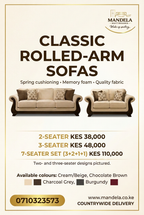Classic Rolled-Arm sofa prices Kenya: two-seater KES 38,000, three-seater KES 48,000, seven-seater 3+2+1+1 KES 110,000