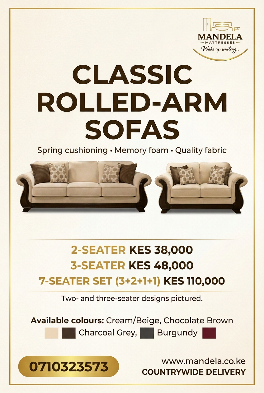 Classic Rolled-Arm sofa prices Kenya: two-seater KES 38,000, three-seater KES 48,000, seven-seater 3+2+1+1 KES 110,000