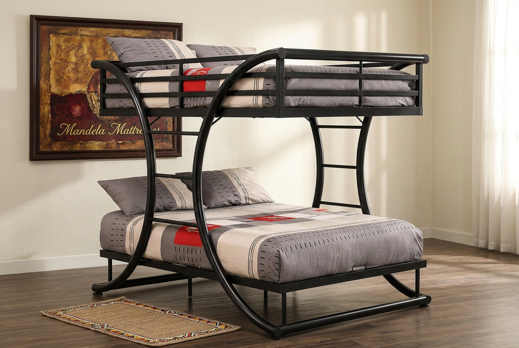 Curved metal bunk bed in a bright Kenyan guest bedroom