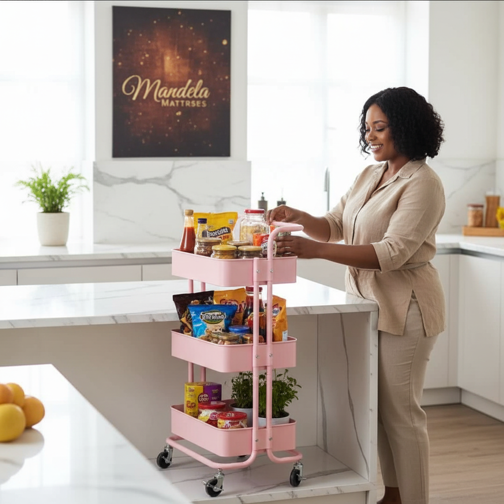 3-Tier Metallic Rolling Trolley Storage Rack