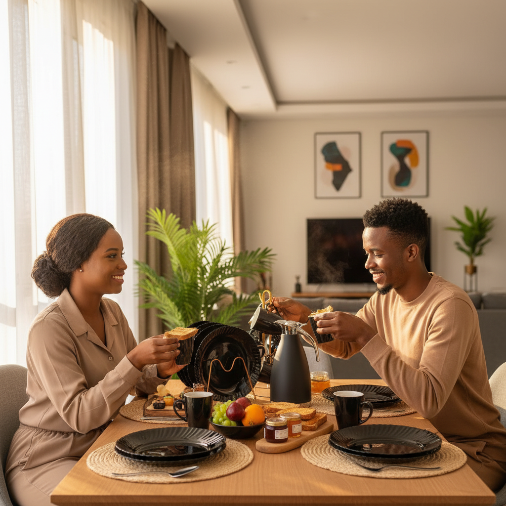 Black Ribbed Breakfast Set | 6 Plates, 6 Tea Cups & 2L Flask