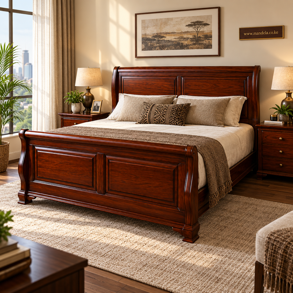 Classic solid mahogany bed in a contemporary Nairobi bedroom