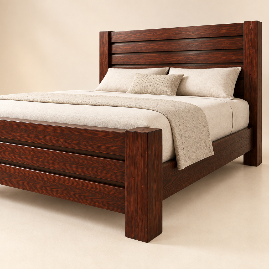 Three-quarter side angle of solid mahogany slat bed showing footboard and side rail