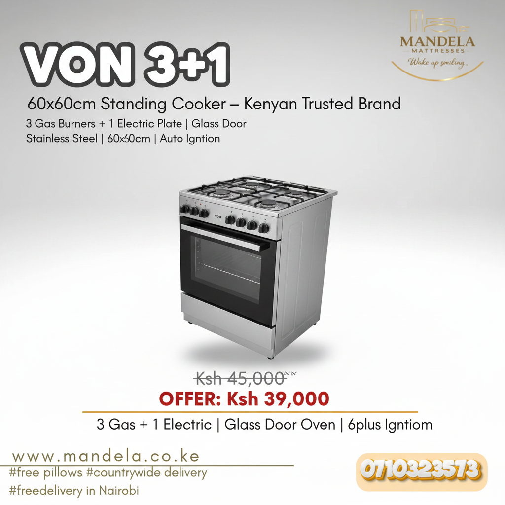 VON 3+1 Standing Cooker 60x60cm – 3 Gas + 1 Electric | Glass Door Oven | Stainless Steel