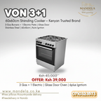 VON 3+1 Standing Cooker 60x60cm – 3 Gas + 1 Electric | Glass Door Oven | Stainless Steel