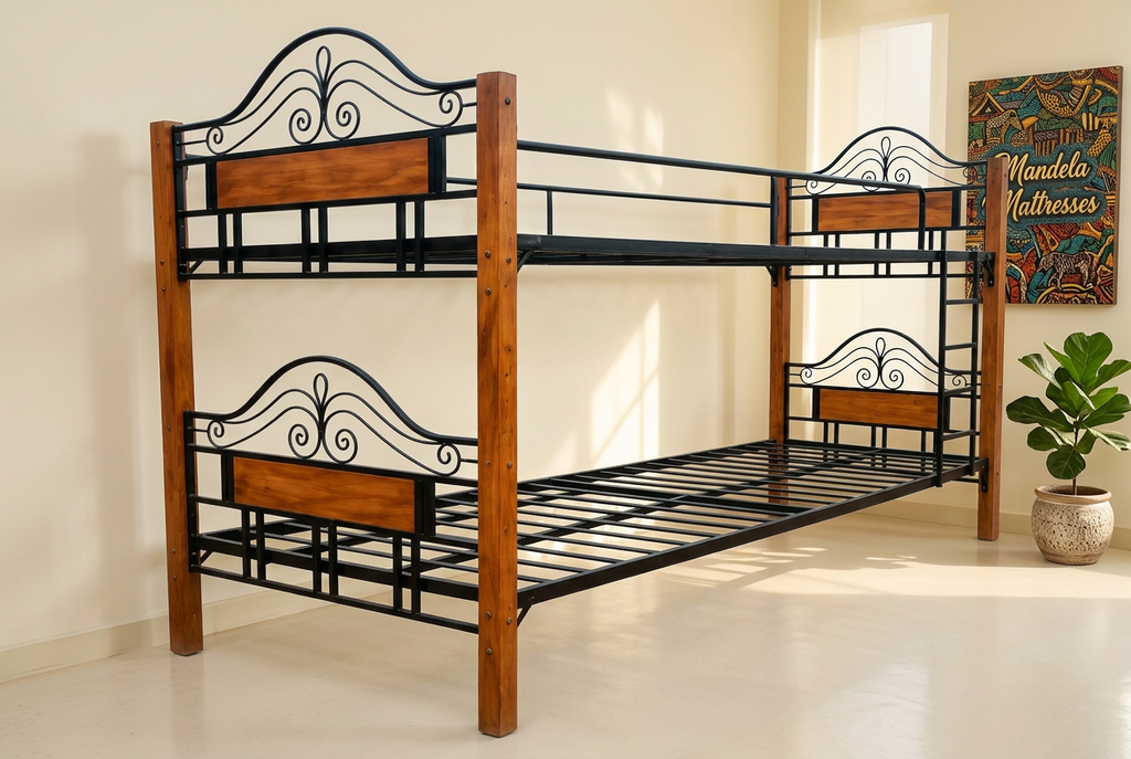 Steel and wood bunk bed in a bright Kenyan bedroom with Mandela Mattresses African artwork