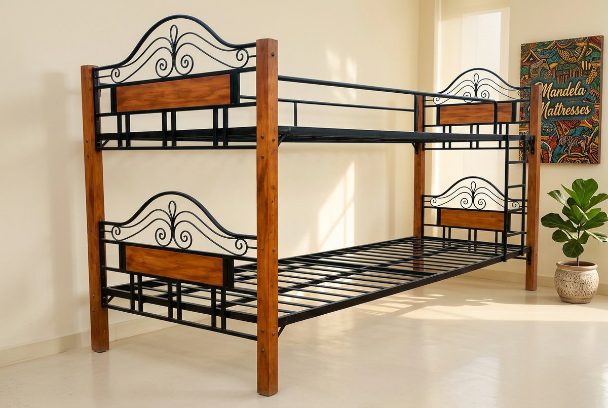 Steel and wood bunk bed in a bright Kenyan bedroom with Mandela Mattresses African artwork