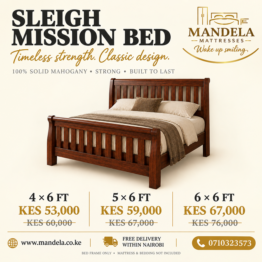 Solid mahogany Sleigh Mission Bed prices in Kenya for 4 by 6, 5 by 6 and 6 by 6 foot sizes