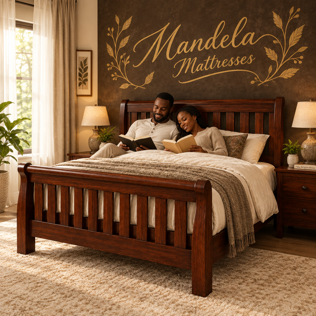 Kenyan couple reading on a solid mahogany Sleigh Mission Bed; mattress and bedding not included