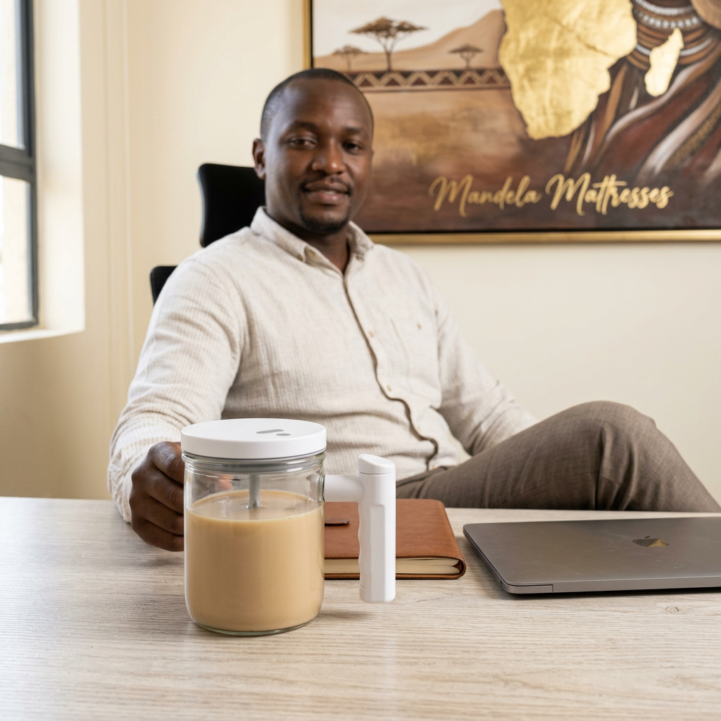 White self-stirring glass mug on a home office desk