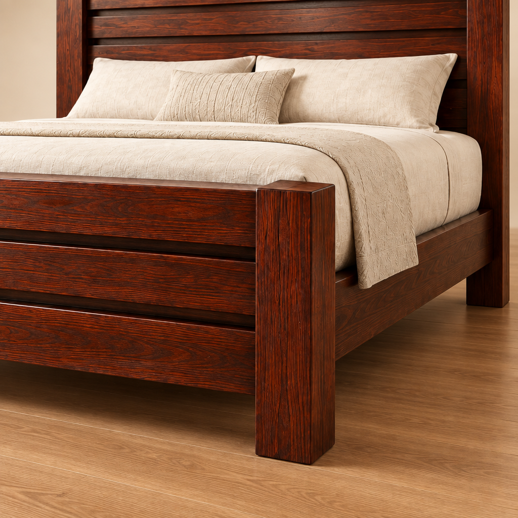Close-up of polished mahogany grain, slatted footboard post and side-rail joinery