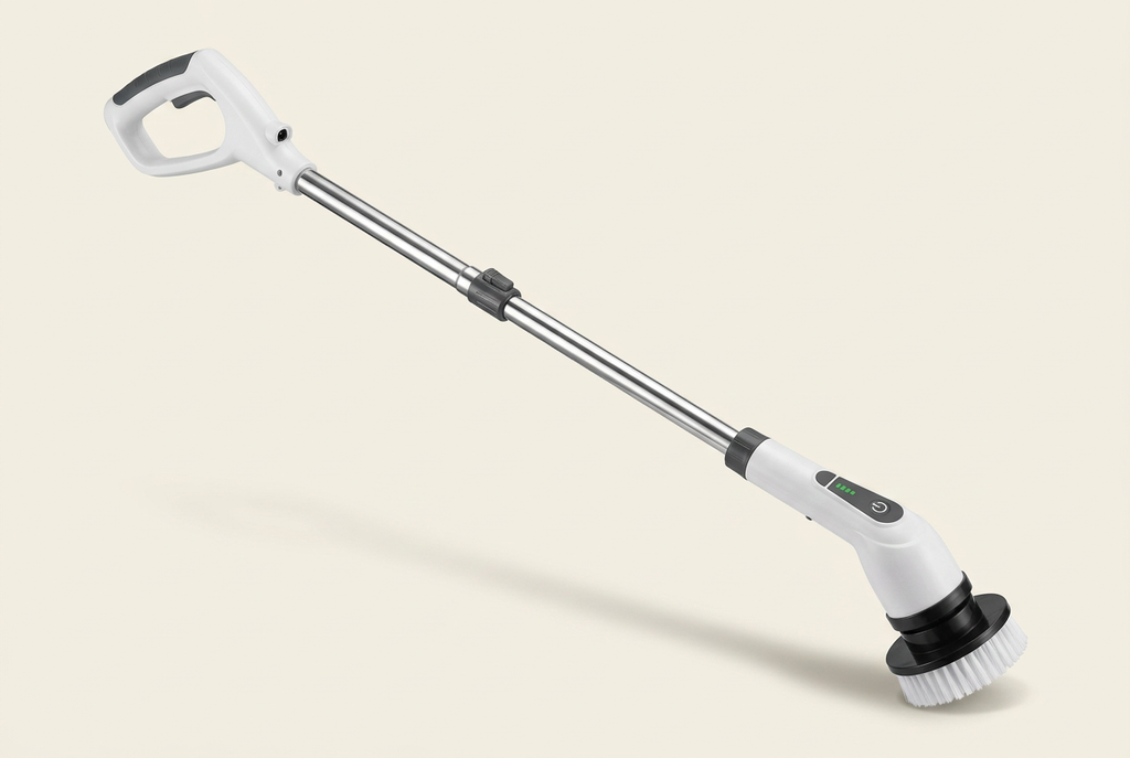 White and grey rechargeable telescopic cleaning brush on an ivory background