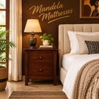 Mahogany and board two-drawer bedside unit styled beside a bed in a Kenyan bedroom