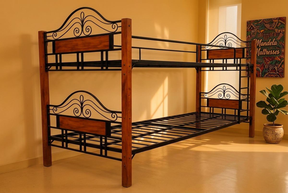 Steel and wood double-decker bed in warm evening light with African-inspired artwork