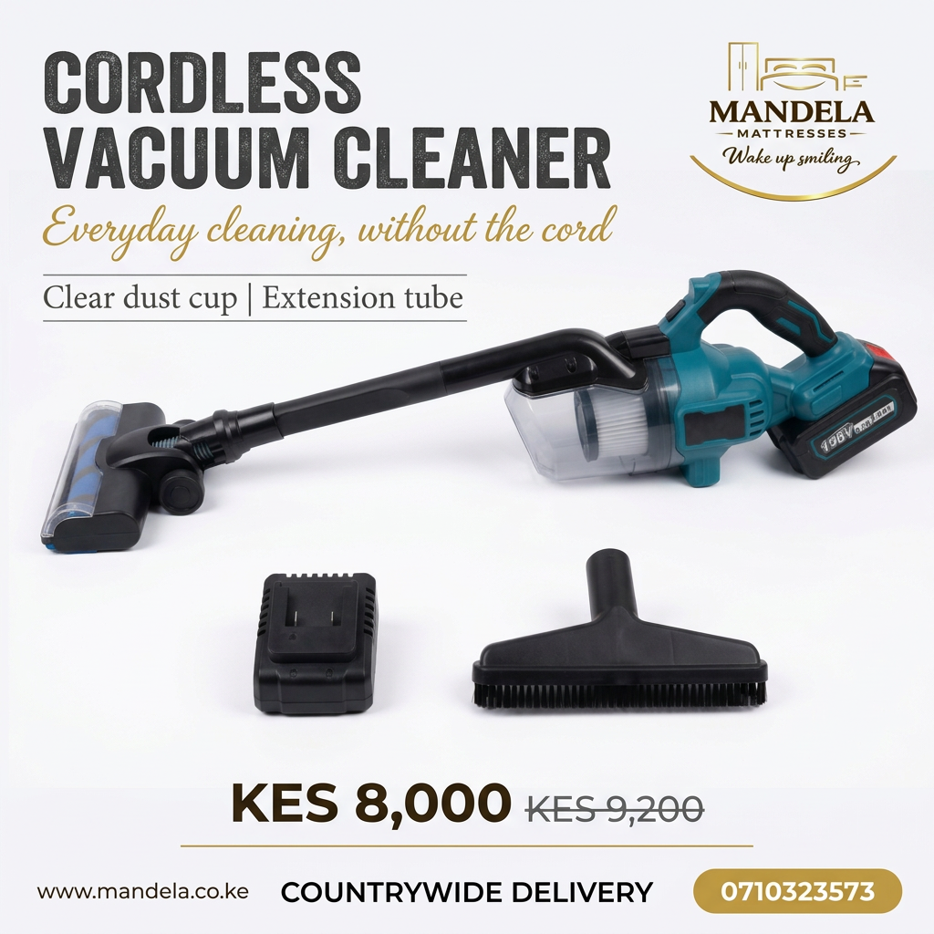 Cordless vacuum advertisement showing KES 8,000 with KES 9,200 crossed out