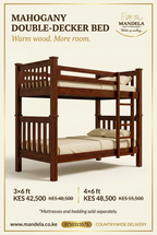 Mahogany double-decker bed Kenya prices: 3×6 KES 42500 and 4×6 KES 48500