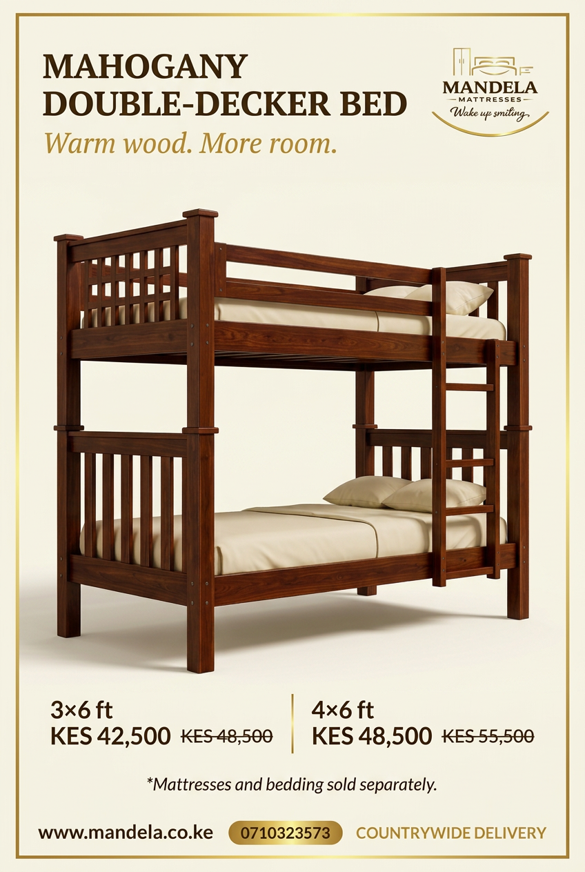 Mahogany double-decker bed Kenya prices: 3×6 KES 42500 and 4×6 KES 48500