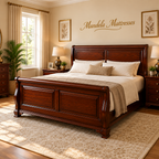 Classic raised-panel mahogany bed in a warm Mandela Mattresses bedroom