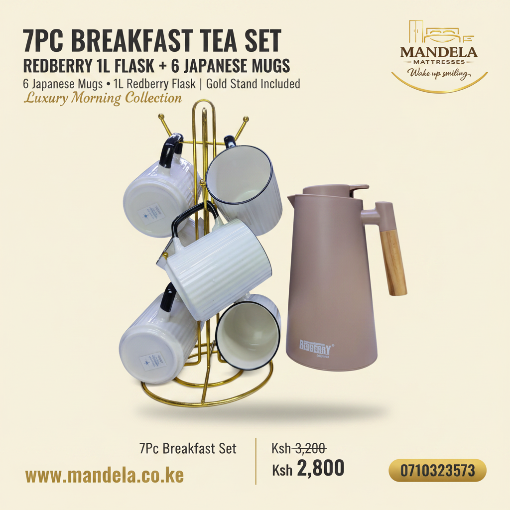7PC Breakfast Tea Set | Redberry 1L Flask + 6 Japanese Mugs