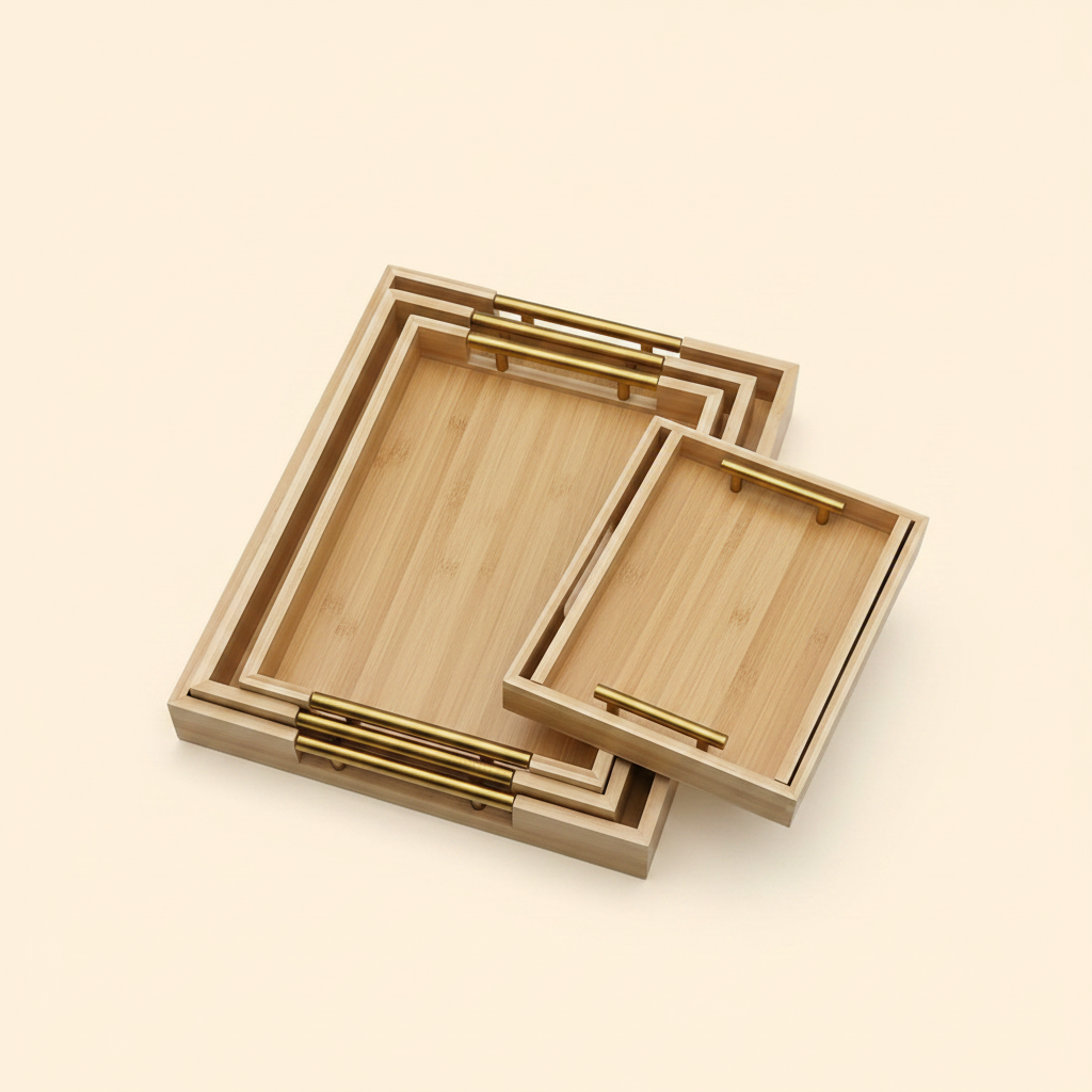 3PC Bamboo Serving Trays with Gold Handles | Shanping