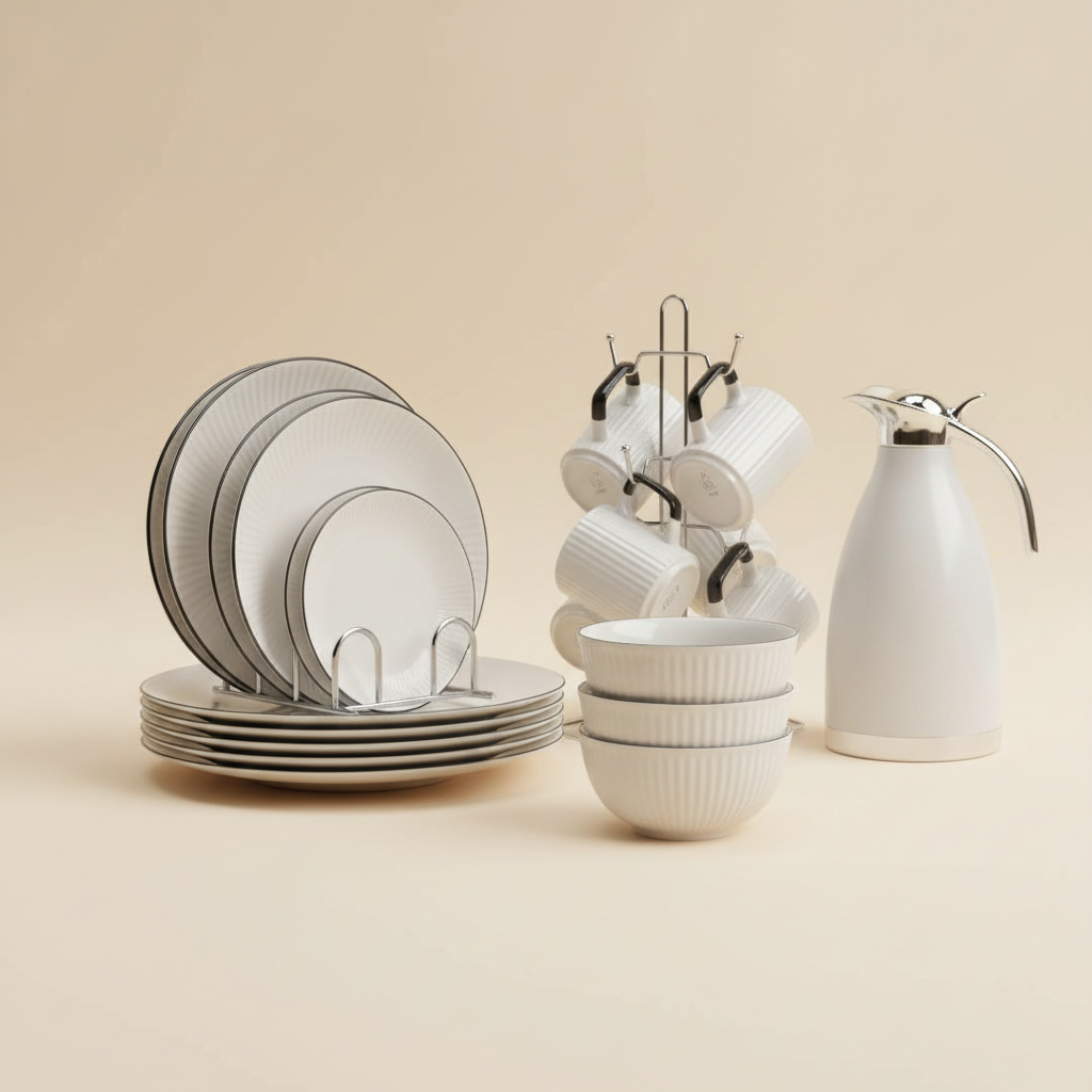 19PC Quality Dinner Set | 6 Plates, 6 Bowls, 6 Cups & Flask product image