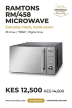 Ramtons RM/458 20L 700W microwave poster showing KES 12500