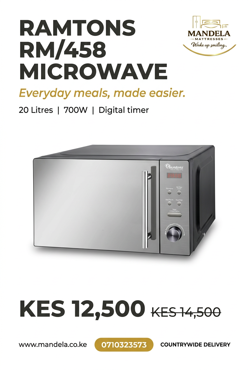 Ramtons RM/458 20L 700W microwave poster showing KES 12500