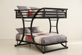 Black curved-frame metal double-decker bed, mattresses shown as styling