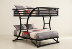 Black curved-frame metal double-decker bed, mattresses shown as styling