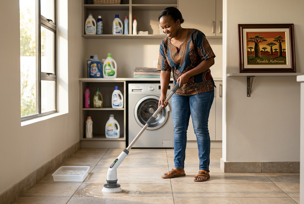 Electric cleaning brush in a bright utility room