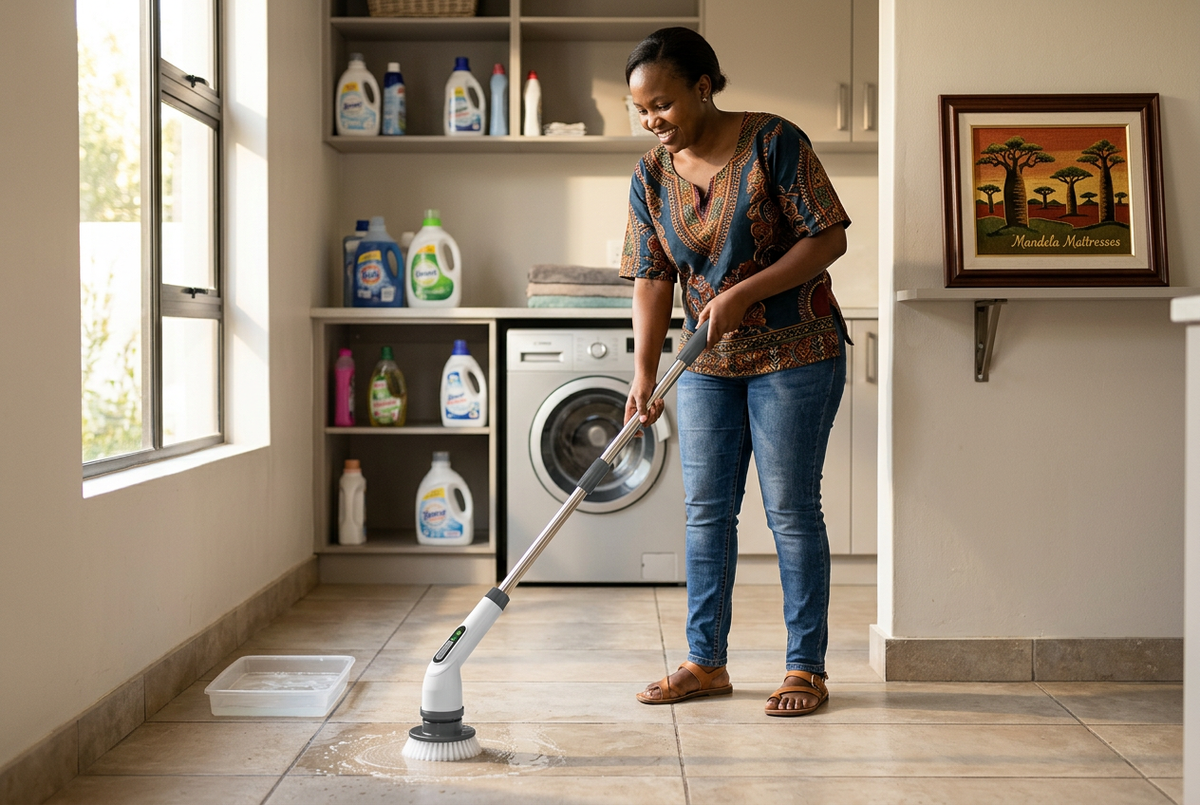 Electric cleaning brush in a bright utility room