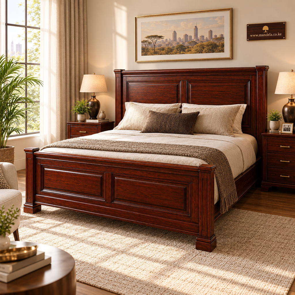 Twin-panel solid mahogany bed in a contemporary Nairobi bedroom
