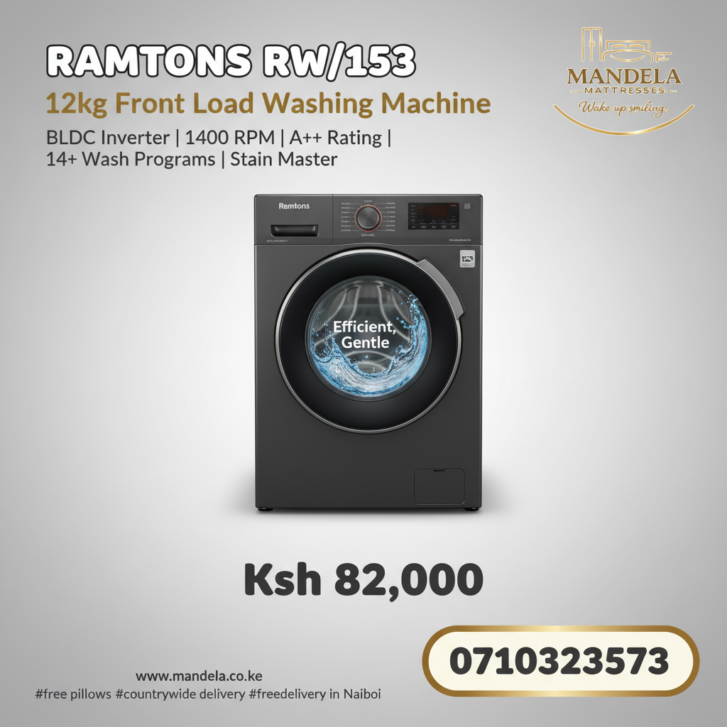 Ramtons 12kg Front Load Washing Machine – 1400RPM | BLDC Inverter | A+++