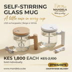 Self-stirring glass mug advertisement at KES 1,800 each, Beige or White
