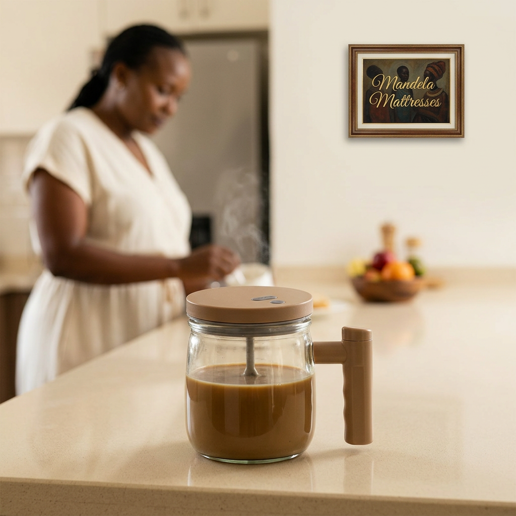 Beige self-stirring glass mug on a breakfast counter