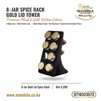 8-Jar Spice Rack with Gold Finish Lids | Matte Black Tower