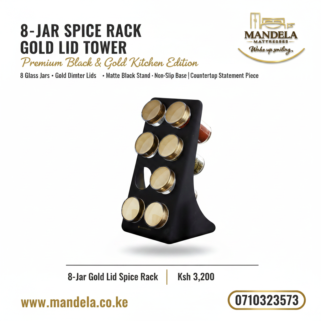 8-Jar Spice Rack with Gold Finish Lids | Matte Black Tower